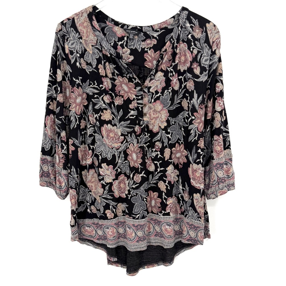 Lucky Brand Floral Henley Blouse Size 1X Black Boho Peasant 3/4 Sleeve Top